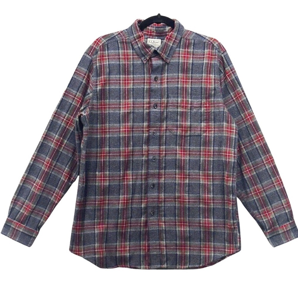 LL Bean Button Up Plaid‎ Shirt Gray Medium